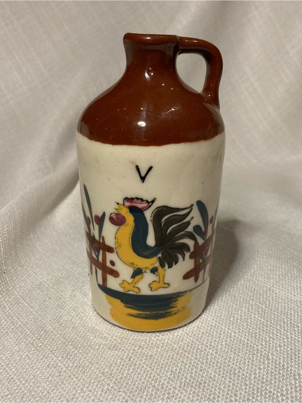 Vintage Japan Ceramic Rooster and Barnyard Small Vinegar Crock Bottle!